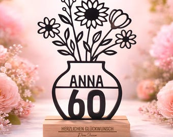 Personalisiertes Geschenk zum 60. Geburtstag - Blumen Vase Line Art 3D Aufsteller Personalisiert Name Alter Geburtstagsgeschenk Frauen Deko
