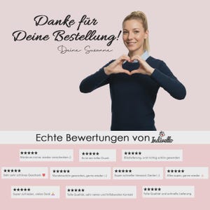 May include: A thank you card featuring the text Danke f&uuml;r Deine Bestellung! Deine Susanne, a person making a heart shape with their hands, and a section titled Echte Bewertungen von Indivello displaying multiple five-star customer reviews.