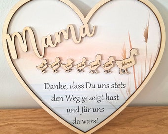 Herz aus Holz zum Muttertag - Entenmama - Personalisiert mit kleinen Enten Kinder - Geschenk zum Muttertag - Geburtstag - Muttertagsgeschenk