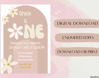 DAISY 1st Birthday Digital Invitation Template Girl Birthday Invitation Customizable