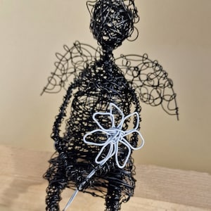 Black Wire Angel Sculpture with White Flower - Shelf Decor