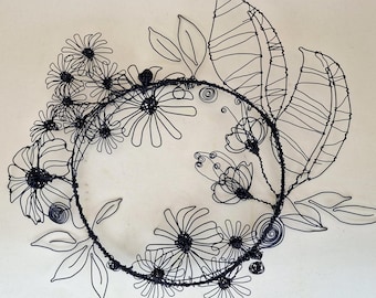 Wire Flower Wall Hanging – Black Wire Floral Art for Modern Home Decor