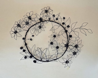 Wire Flower Wall Hanging – Black Wire Floral Art for Modern Home Decor II