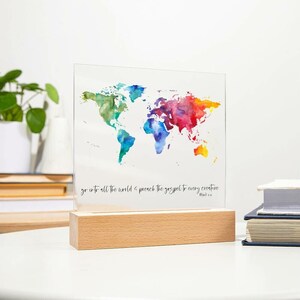 Placa de mapa mundial / Ir a todo el mundo y predicar el evangelio a toda la creación / Mapa mundial / Arte de las Escrituras / Escritura ilustrada LED