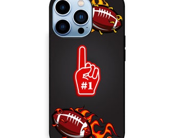 May include: Black phone case with a red #1 foam finger and two brown footballs with flames on a black background.
