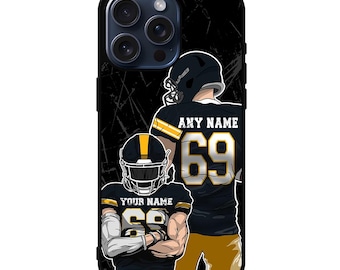 May include: A black smartphone case featuring a graphic illustration of two football players in black and gold uniforms with helmets. The text ANY NAME and YOUR NAME is printed above the number 69 on the jerseys against a dark scratched background.