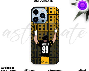 May include: A black phone case with a Pittsburgh Steelers design. The case has a repeating pattern of the word "STEELERS" in gold on a black background. A football player illustration is in the center, with the name "MICHELLE" and the number "99".