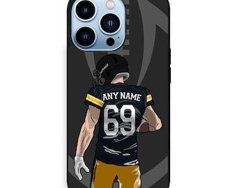 May include: A black smartphone case featuring a graphic illustration of a football player from behind. The player wears a black jersey with the text ANY NAME and the number 69 in white, paired with yellow pants, a black helmet, and white gloves.