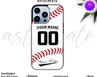 Funda de goma para teléfono con nombre y número de equipo de béisbol personalizados