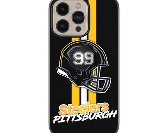 May include: Black iPhone case with a yellow and white stripe design. The case features a black and white football helmet with the number 99 on the side. The text "Steelers Pittsburgh" is printed in yellow on the bottom of the case.