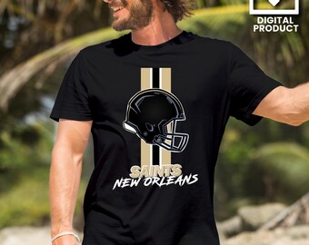 May include: Black t-shirt featuring a football helmet graphic with gold stripes and the text "SAINTS NEW ORLEANS". The shirt has a digital product icon in the upper right corner.