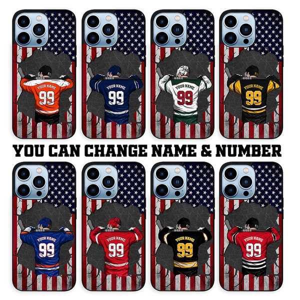 Personalized Hockey American Flag Name and Number Phone Case iPhone 15 14 13 12 11/ Samsung S24 S23 S22 S21 | Phone Case Sports Custom