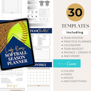 May include: A digital tablet displaying a softball season planner with a yellow softball on the screen. The planner is titled "Lady Rams Softball Season Planner". The tablet is surrounded by other printable templates for softball teams, including a team roster, practice planners, calendars, team budget, invoice and order forms, and more. The templates are made in Canva and include colors, fonts, images, and everything.