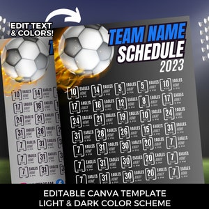 Editable soccer schedule template DIY Canva soccer team schedule printable youth travel soccer season flier high school youth team flier