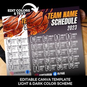 Bewerkbare basketbalschema-sjabloon DIY Canva basketbalschema afdrukbare basketbalteam seizoensvlieger middelbare school college basketbal