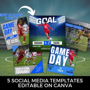 Editable soccer social media graphics template DIY Canva soccer team schedule for Facebook Instagram game day customizable poster football
