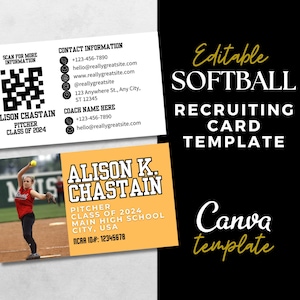 Softbal Atleet Visitekaartje Canva-sjabloon College Werving Bewerkbaar Atleetprofiel Kampen Showcases Reisbal Contactgegevens