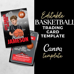 Plantilla de tarjeta de baloncesto de Canva para niños, tarjeta coleccionable deportiva editable, tarjetas deportivas personalizadas, regalo de fin de temporada de ligas menores de baloncesto, equipo
