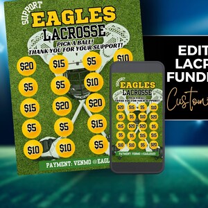 Peut inclure: Un billet de tombola de lacrosse vert et jaune avec un bâton et une balle de lacrosse. Le billet comporte une grille de cercles jaunes avec des montants en dollars inscrits à l'intérieur. Le texte "Support Eagles Lacrosse" est en haut du billet. Le texte "Pick a Ball! Thank you for your support!" est sous le nom de l'équipe. Le texte "Payment: Venmo @EAGL" est en bas du billet.