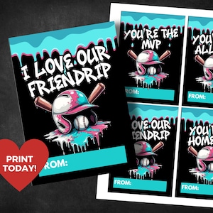 May include: Baseball-themed Valentine's Day cards with a black background. The cards feature a baseball helmet, baseball, and bats with the phrases "I LOVE OUR FRIENDRIP", "YOU'RE THE MVP", "YOU'RE AN ALL STAR", and "YOU'RE A HOMERUN".