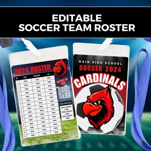 Editable soccer team roster Canva template boys girls soccer team player roster high school youth travel club soccer team editable lanyard