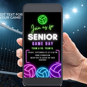 Neon volleyball senior game day text invitation for high school team