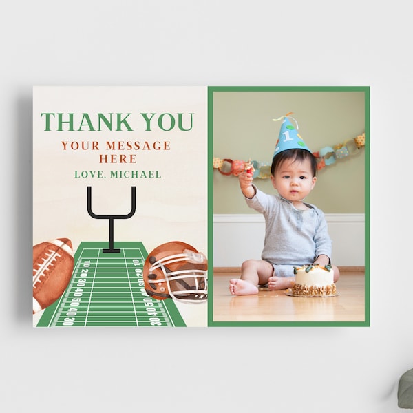 First year down thank you card printable photo thank you first birthday party first year down boys birthday party football theme digital
