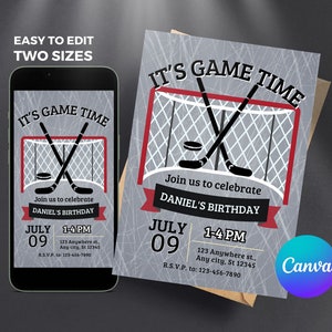 Modello canva per invito festa di compleanno di hockey Invito stampabile per festa di hockey su ghiaccio per bambini Scarica invito con testo Invito per hockey su ghiaccio, ragazzi e ragazze