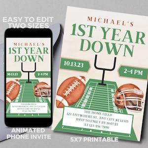 First year down football party printable invitation and animated phone invite first birthday party first year down boys birthday party