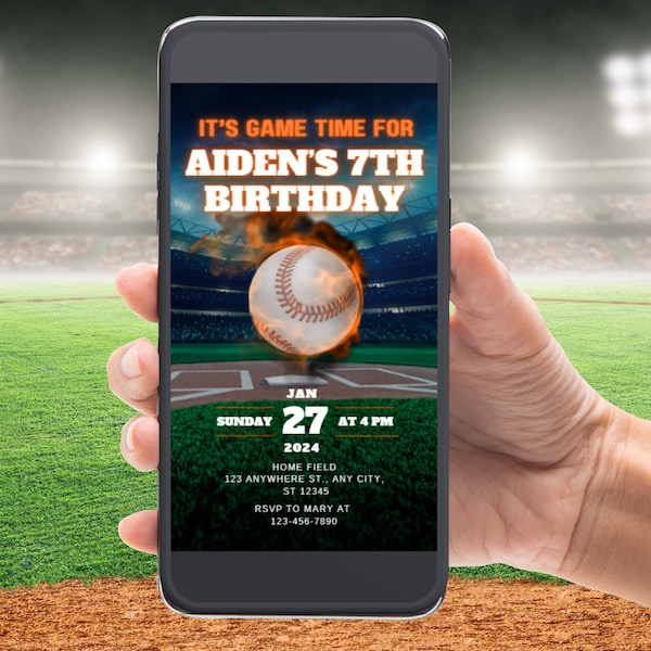 Video baseball birthday party text invitation animated baseball party Canva template sports birthday party digital download party invite