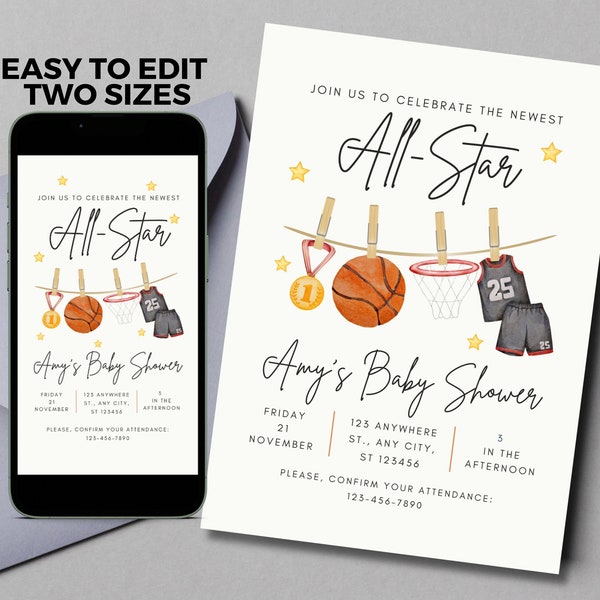 Basketball baby shower watercolor invitation digital template editable digital download sports theme baby shower coach's wife team mom