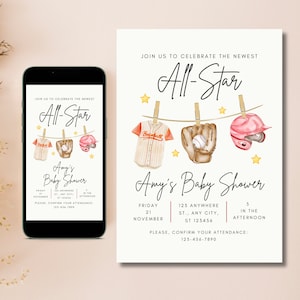 Baseball baby shower watercolor invitation digital template editable digital download sports theme baby shower baseball wife baby shower