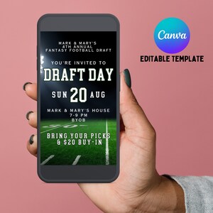 May include: A mobile phone screen displaying a fantasy football draft day invitation. The invitation is for a party on Sunday, August 20th, from 7-9 PM at Mark and Mary's house. The invitation includes the text "Draft Day" and "Bring your picks & $20 buy-in".