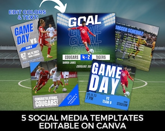 Editable soccer social media graphics template DIY Canva soccer team schedule for Facebook Instagram game day customizable poster football