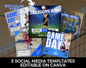 Plantilla de gráficos editables para redes sociales de voleibol DIY Canva Calendario de voleibol para Facebook Instagram Póster personalizable del día del juego