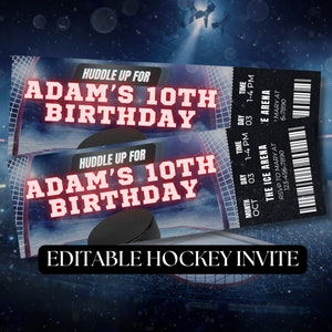 Hockey ticket verjaardagsfeestje uitnodiging sjabloon, afdrukbare ijshockey uitnodigen, hockey ticket uitnodigingen, jongens verjaardag instant download