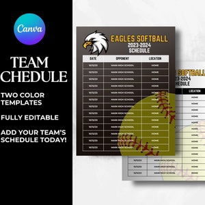 Editable softball schedule template DIY Canva softball printable poster softball team season flier high school college softball travel team