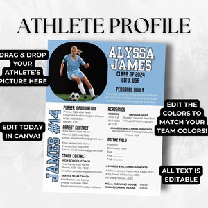 Folha de perfil do atleta de futebol Foto Recrutamento universitário Modelo Canva editável Vitrines de acampamentos Viagem Carta de recrutamento de futebol Currículo do treinador