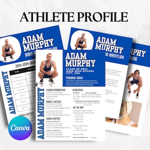 May include: A blue and white athlete profile template with a wrestler's photo, name, and information about their wrestling career, including their personal goals, academics, and involvement in school activities. The template also includes a section for projected college weight and wrestling accomplishments.