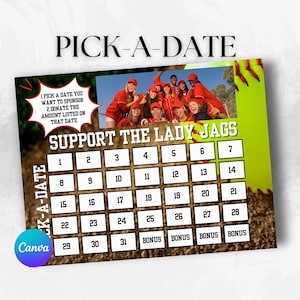 Editable pick a date donation softball calendar Canva template instant download digital fundraiser schedule softball team picture calendar