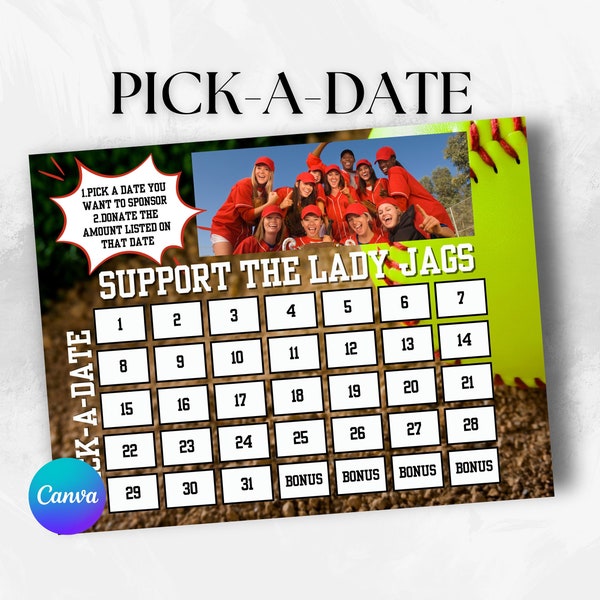 Editable pick a date donation softball calendar Canva template instant download digital fundraiser schedule softball team picture calendar