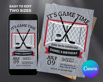 Hockey Birthday Party Invitation Canva Template Printable Kids Ice Hockey Party Invite Download Text Invitation Ice Hockey Invite Boys Girls