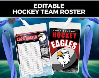 Editable hockey team roster card Canva template ice hockey team player roster high school youth club travel hockey lanyard printable poster
