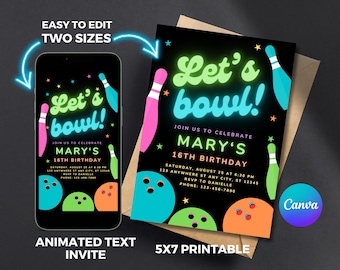 Animated and printable bowling birthday phone invitation neon bowling party electronic invite editable retro arcade games birthday text