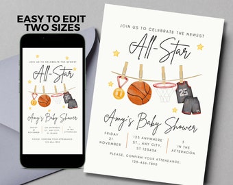 Basketball baby shower watercolor invitation digital template editable digital download sports theme baby shower coach's wife team mom