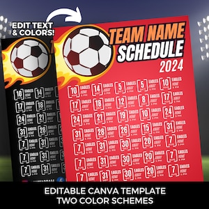 Editable soccer schedule template DIY Canva soccer team schedule printable youth travel soccer season flier high school youth team flier