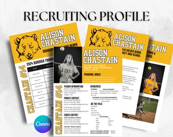 May include: A recruiting profile for Alison Chastain, featuring a yellow and white design with a bear logo. The profile includes player information, personal goals, and academic achievements. The text "RECRUITING PROFILE" is at the top.