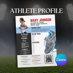 May include: Athlete profile template with the text "ATHLETE PROFILE" at the top. The profile includes a photo of a runner, personal goals, and athletic statistics. A QR code and the Canva logo are also present.