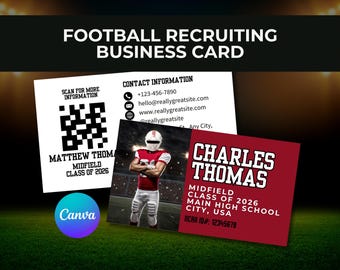 Plantilla de Canva para tarjeta de presentación de atleta de fútbol, reclutamiento universitario, perfil de atleta editable, campamentos, exhibiciones, viajes, pelota, información de contacto