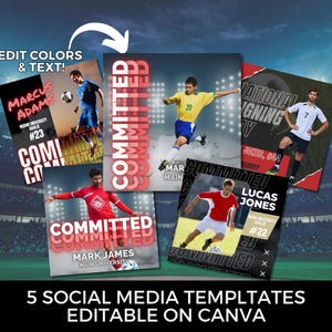 Può includere: Cinque modelli di social media con giocatori di calcio in azione. Ogni modello ha uno schema di colori diverso e include testo come "Committed" e nomi di giocatori. Modelli modificabili su Canva.